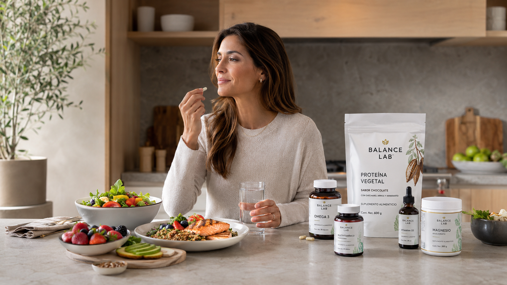 Mujer comparando una comida equilibrada con suplementos para complementar su alimentación diaria.