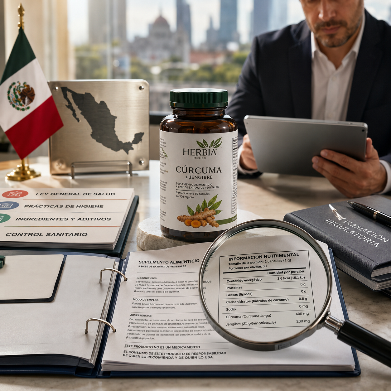 Especialista revisando un producto junto con documentos de regulación sanitaria mexicana.