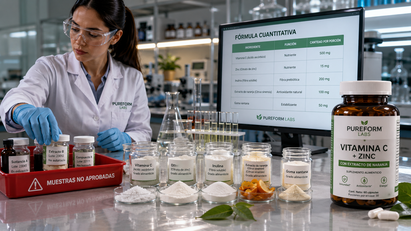 Científica analizando ingredientes autorizados y muestras no aprobadas para un suplemento.