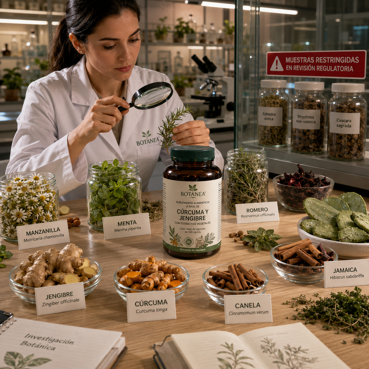 Especialista examinando plantas utilizadas en suplementos, con muestras botánicas permitidas y restringidas.