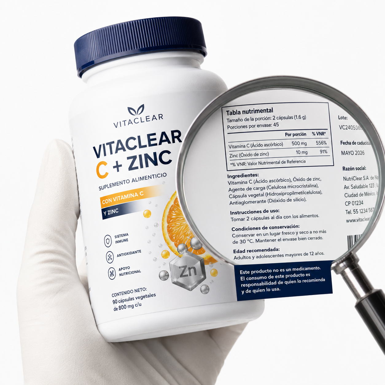 Revisión ampliada de la etiqueta de un medicamento con información nutrimental, ingredientes y leyendas obligatorias.