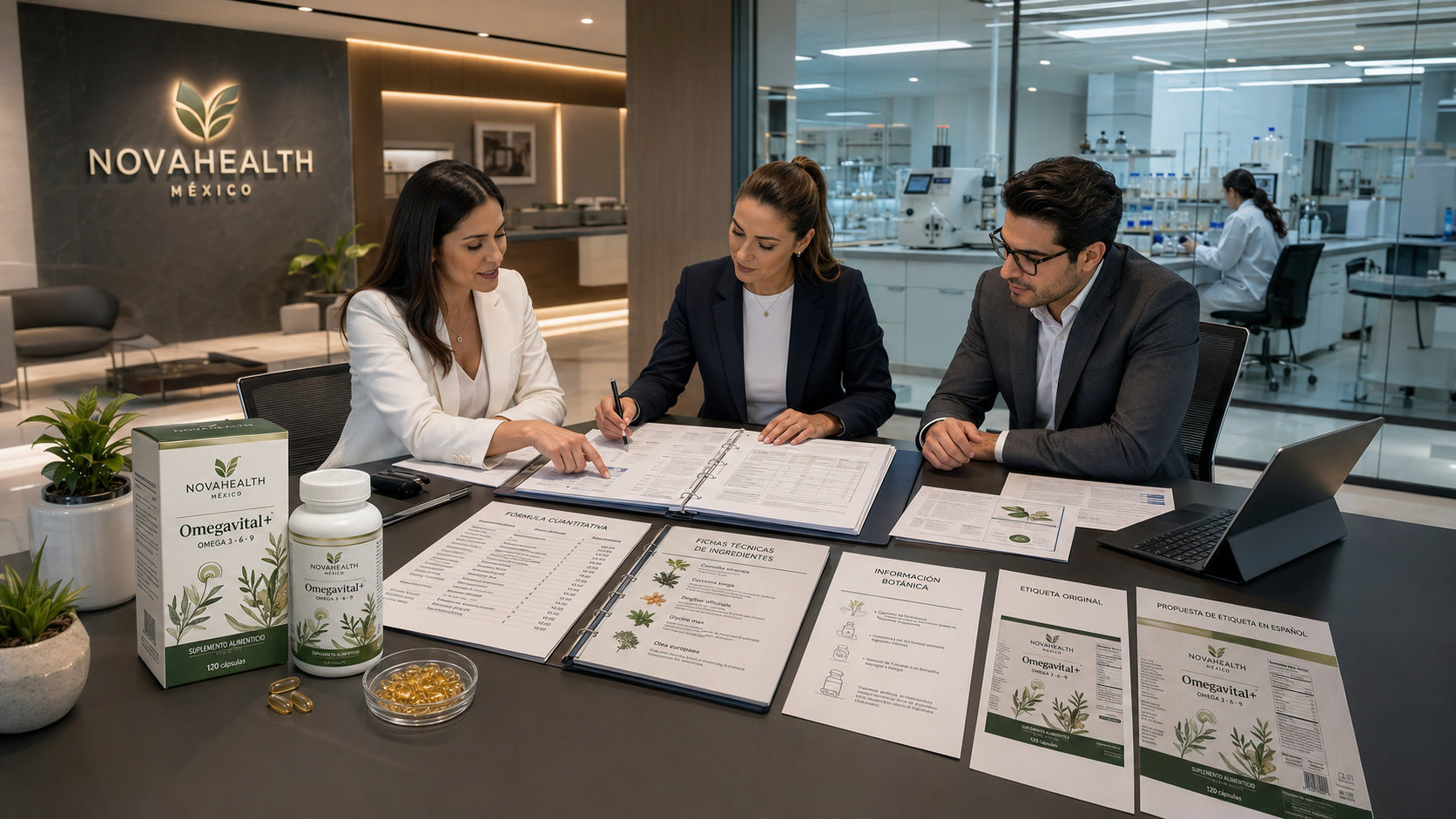 Equipo regulatorio revisando la fórmula, ingredientes y propuesta de etiqueta de un suplemento