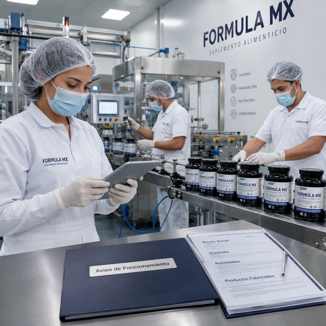 Supervisora revisando documentación en una planta moderna de fabricación y envasado de suplementos.