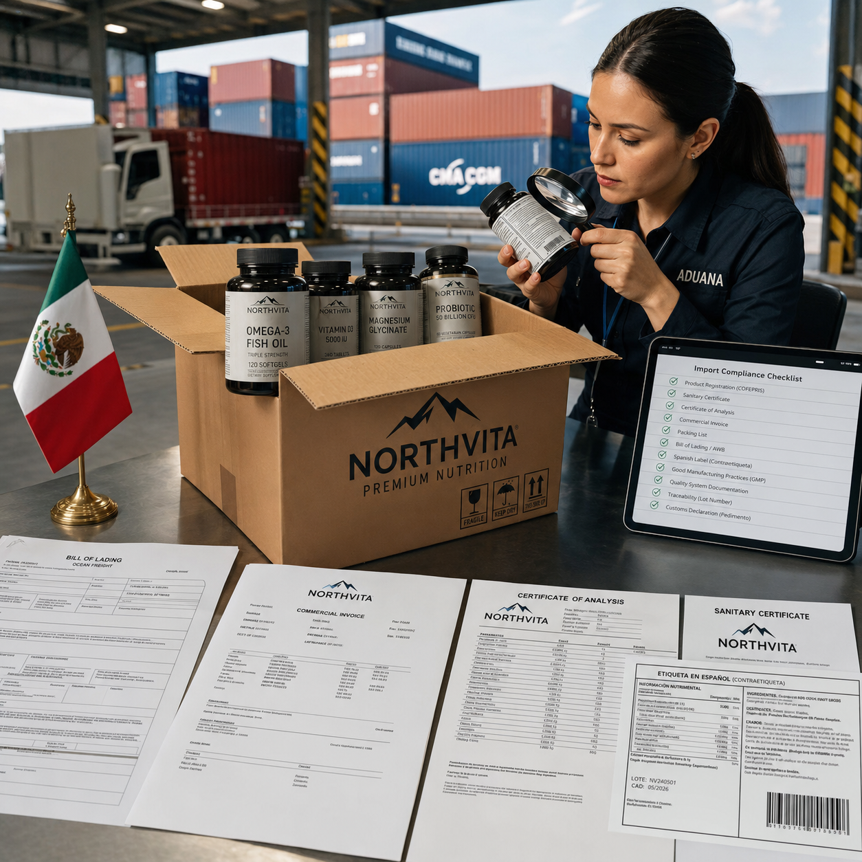 Inspectora revisando suplementos, requisitos y su documentación durante el proceso de importación a México.