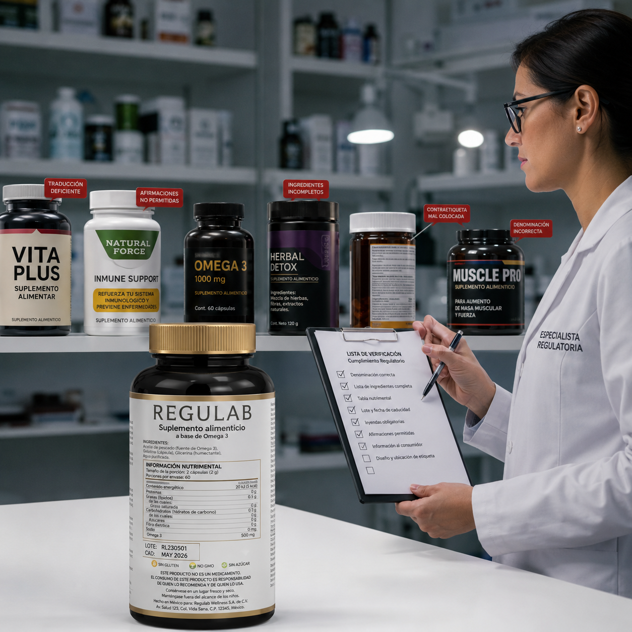 Especialista comparando suplementos con errores de etiquetado y lista de ingredientes frente a un producto correctamente identificado.