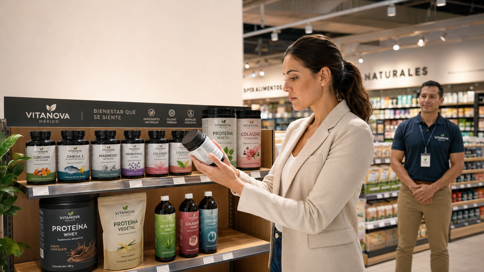 Consumidora leyendo la información nutrimental y lista de ingredientes de suplementos en un supermercado contemporáneo.