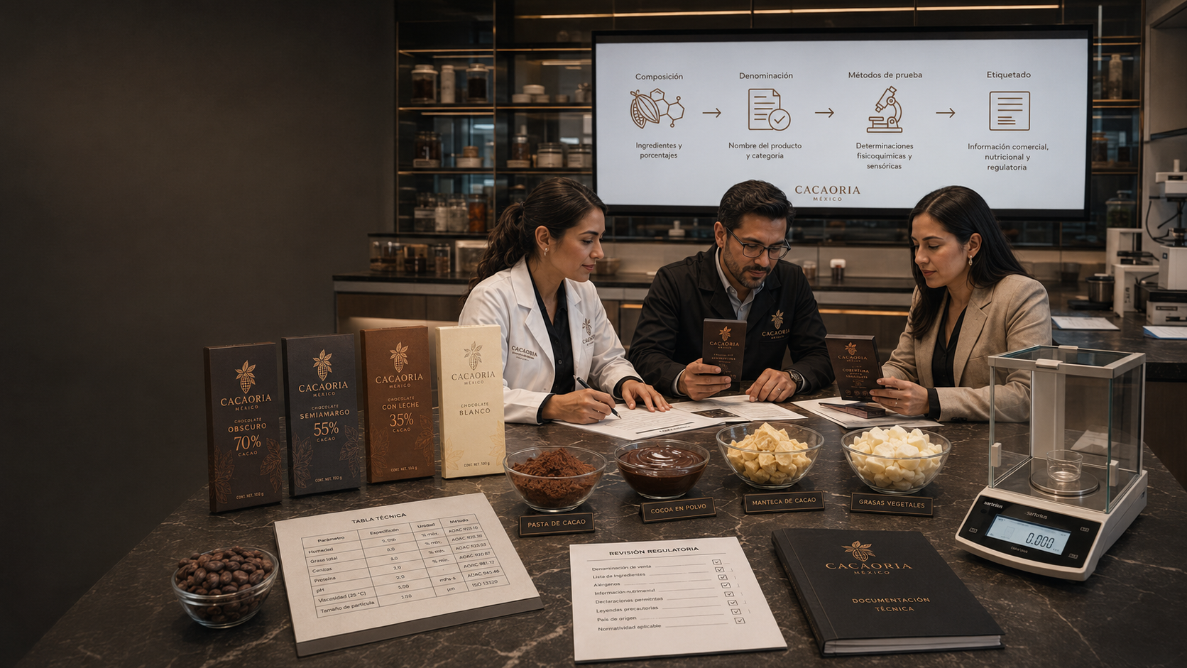 Equipo de especialistas analiza productos de chocolate, ingredientes y documentación técnica en un moderno laboratorio de innovación alimentaria. 