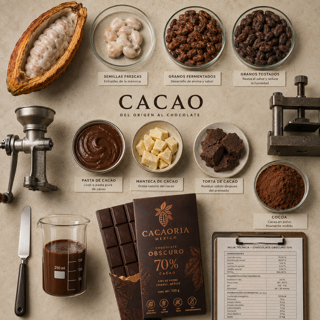Vista cenital de una mazorca, semillas frescas, granos fermentados y tostados, pasta, manteca, torta y cocoa, junto a una barra de chocolate terminada. 