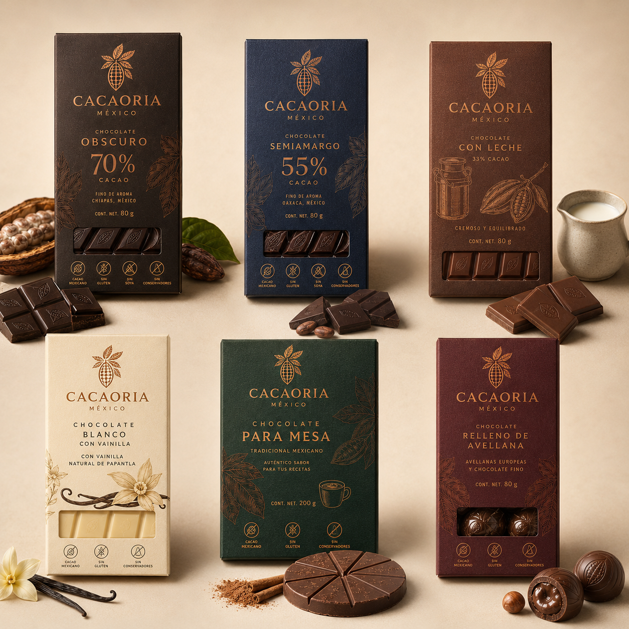 Colección premium de seis chocolates: obscuro, semiamargo, con leche, blanco, para mesa y relleno de avellana, acompañados de muestras de cada producto. 
