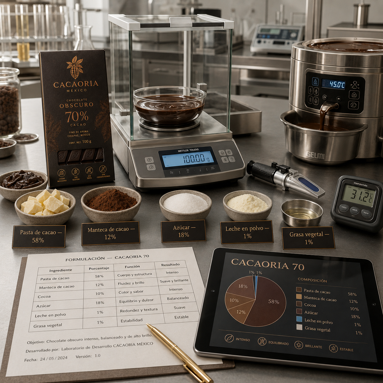 Laboratorio profesional con balanza analítica, chocolate líquido, ingredientes medidos, hoja de formulación y tableta con la composición del prototipo.