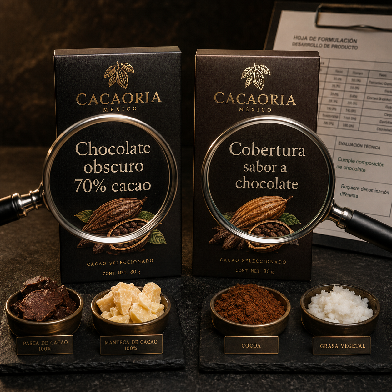 Comparación entre un chocolate obscuro 70% cacao y una cobertura sabor a chocolate, con lupas que resaltan sus denominaciones e ingredientes. 