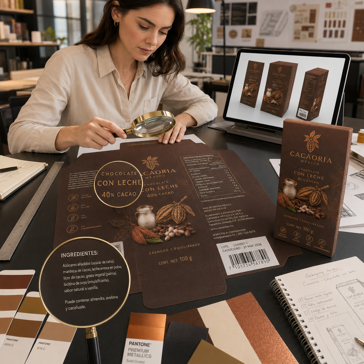 Diseñadora revisa el empaque extendido de un chocolate con leche, incluyendo ingredientes, información nutrimental, lote, fecha y código de barras. 