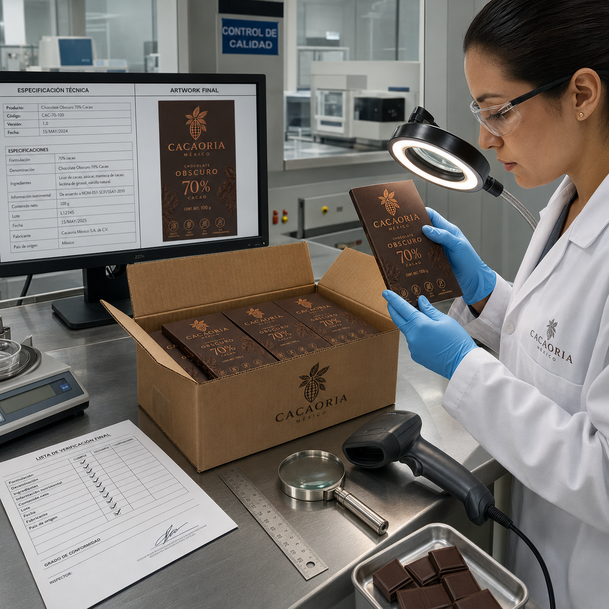 Inspectora revisa una barra de chocolate bajo una lámpara técnica, junto a una caja de productos, documentos, lupa, regla y lector de códigos. 