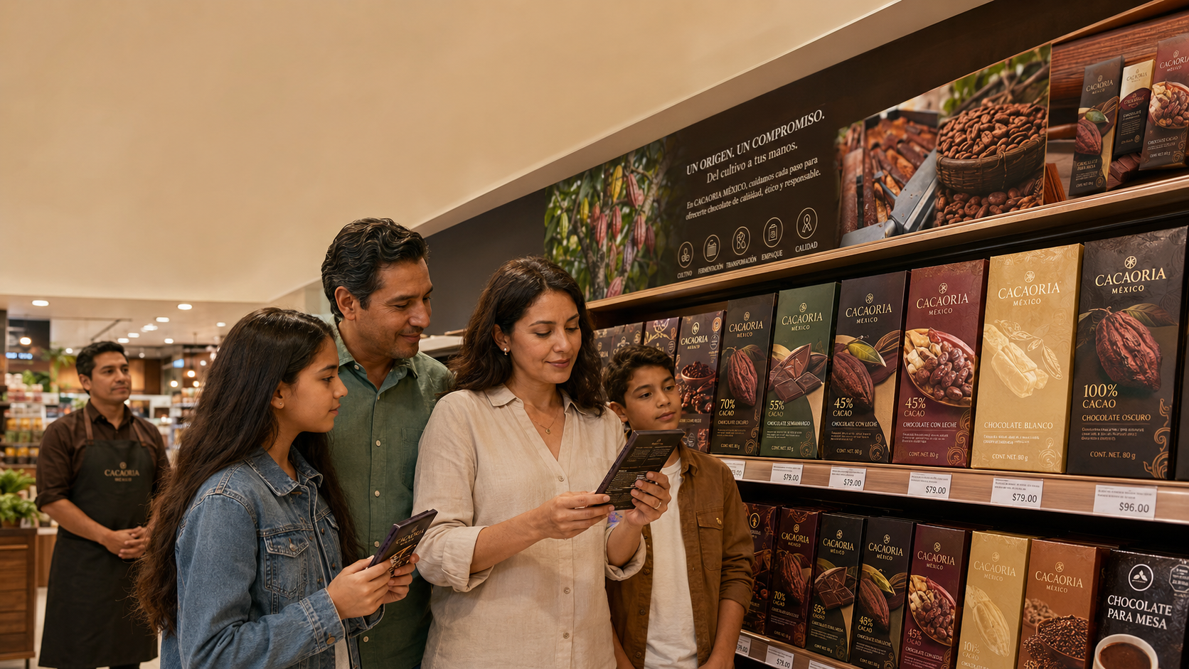 Familia mexicana compara etiquetas y porcentajes de cacao frente a un anaquel completo de chocolates en un supermercado contemporáneo. 