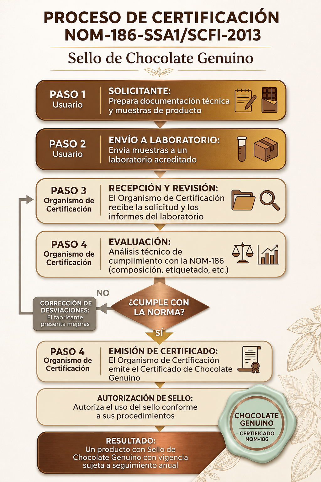Infografía vertical que explica las etapas para obtener el certificado y la autorización de uso del sello de Chocolate Genuino conforme a la NOM-186.