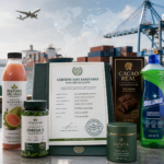 Fotografía publicitaria de un certificado sanitario para exportación rodeado de jugo, suplementos, chocolates, cosméticos y productos de limpieza con marcas ficticias, frente a un puerto con contenedores, barco de carga, avión y rutas comerciales internacionales.