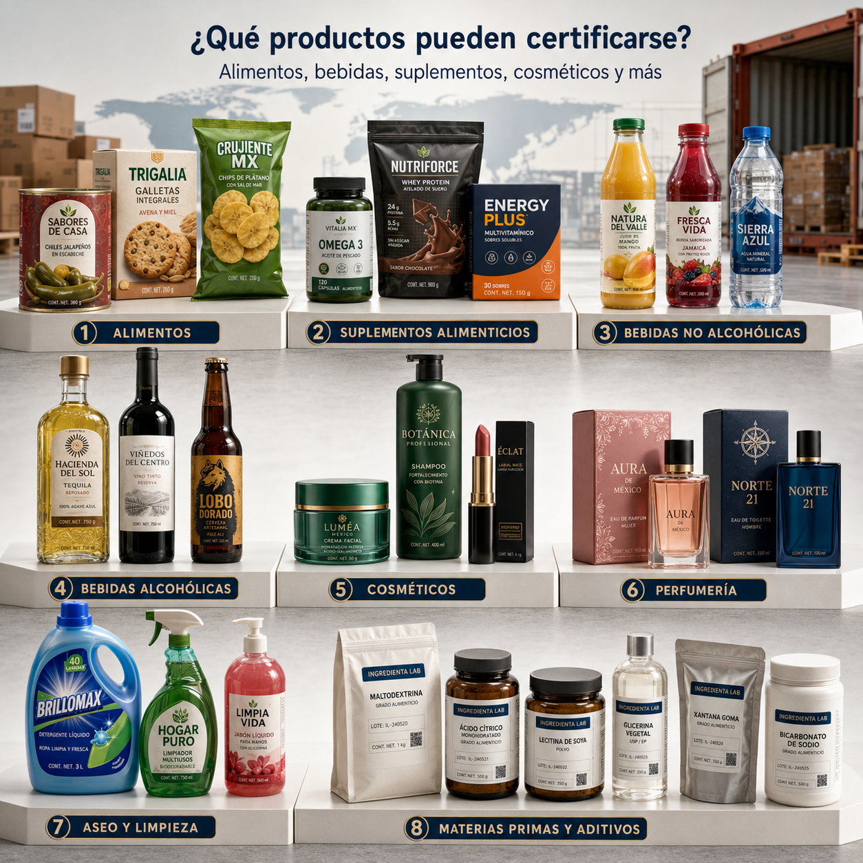 Catálogo fotográfico con ocho categorías de productos certificables: alimentos, suplementos, bebidas alcohólicas y no alcohólicas, cosméticos, perfumería, artículos de limpieza, materias primas y aditivos, presentados en exhibidores con marcas ficticias y empaques profesionales.
Referencia de Trámite