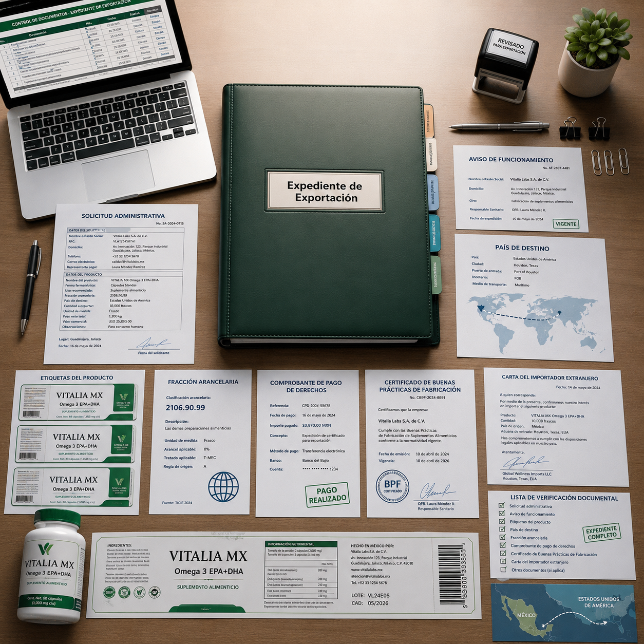 Vista cenital de una mesa ejecutiva con una carpeta verde titulada “Expediente de Exportación”, rodeada de solicitud, etiquetas, aviso de funcionamiento, fracción arancelaria, comprobante de pago, certificado de buenas prácticas, carta del importador y lista de verificación.
Requisitos