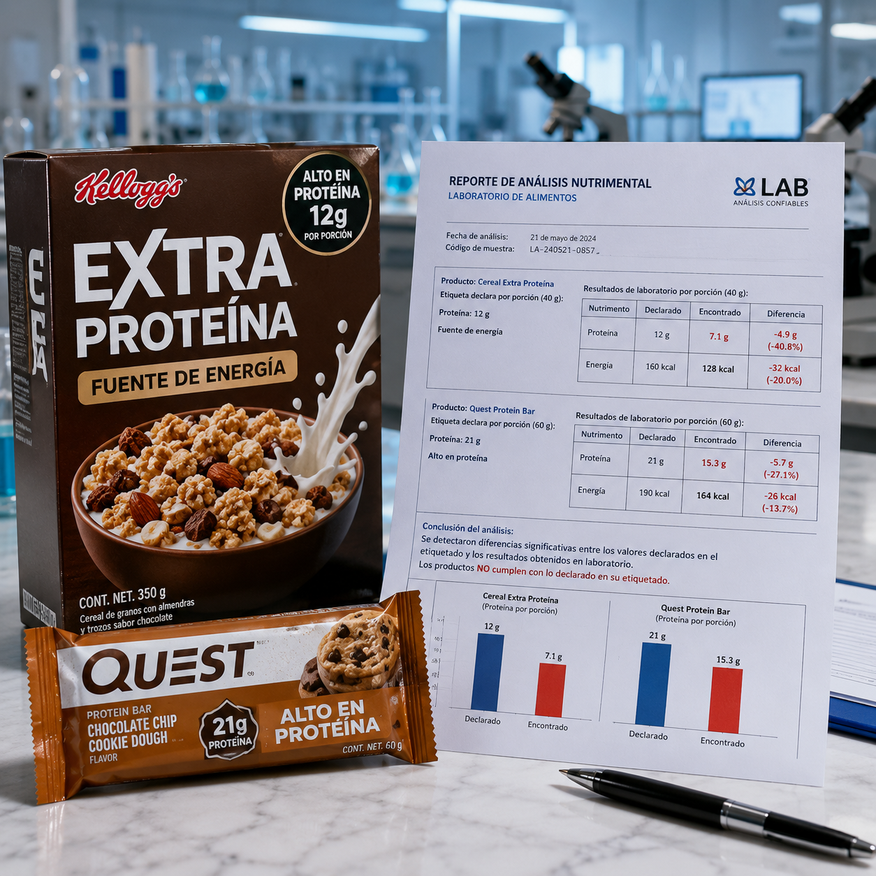 Comparación de proteína declarada y proteína encontrada los resultados arrojaron que se encontró una menor cantidad de proteína
