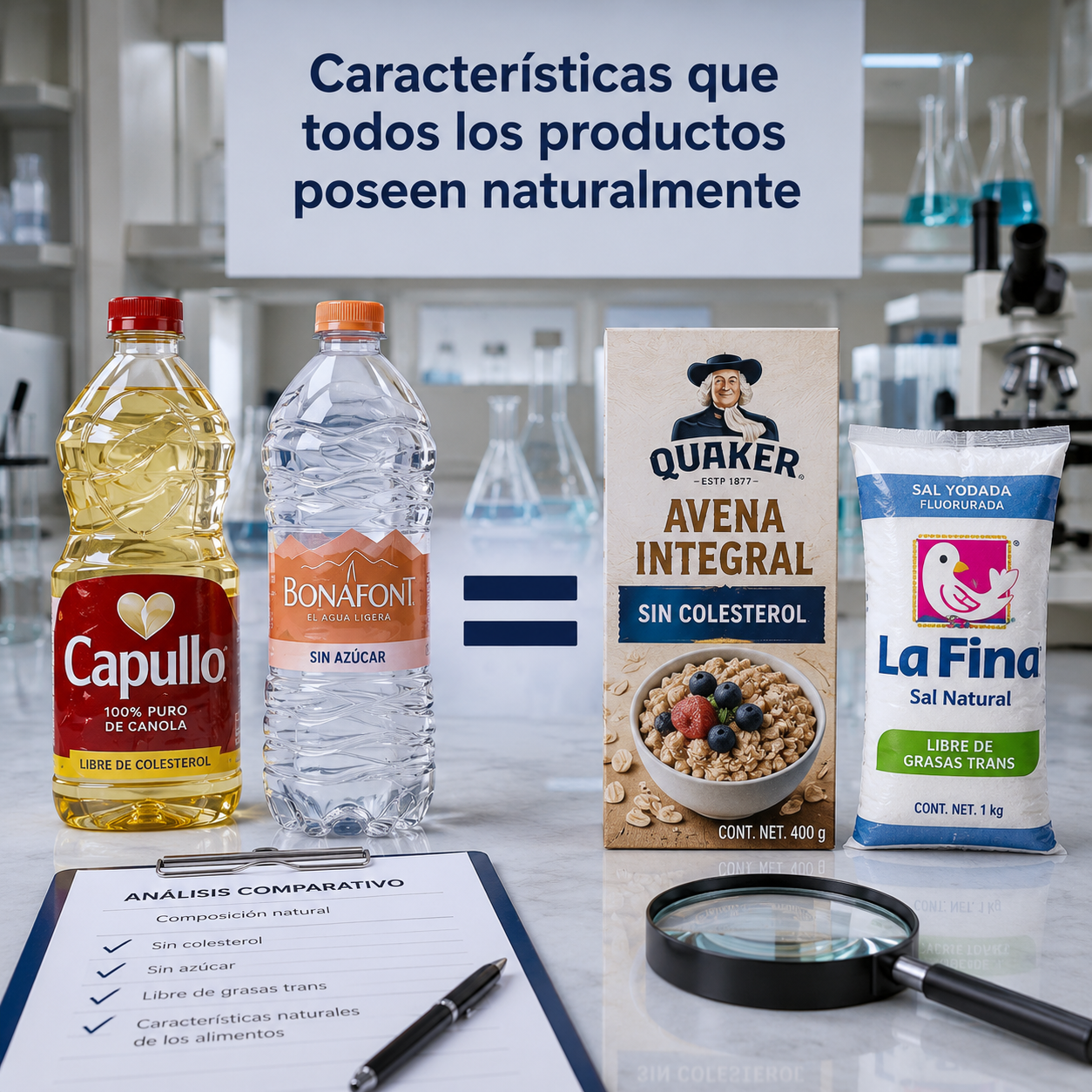 Diferentes productos aceite, agua, avena, sal usados para explicar características que todos los productos posee