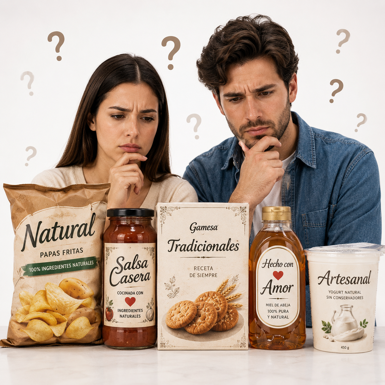 Dos consumidores preguntándose por cual de los productos consumir porque los productos contienen declaraciones confusas