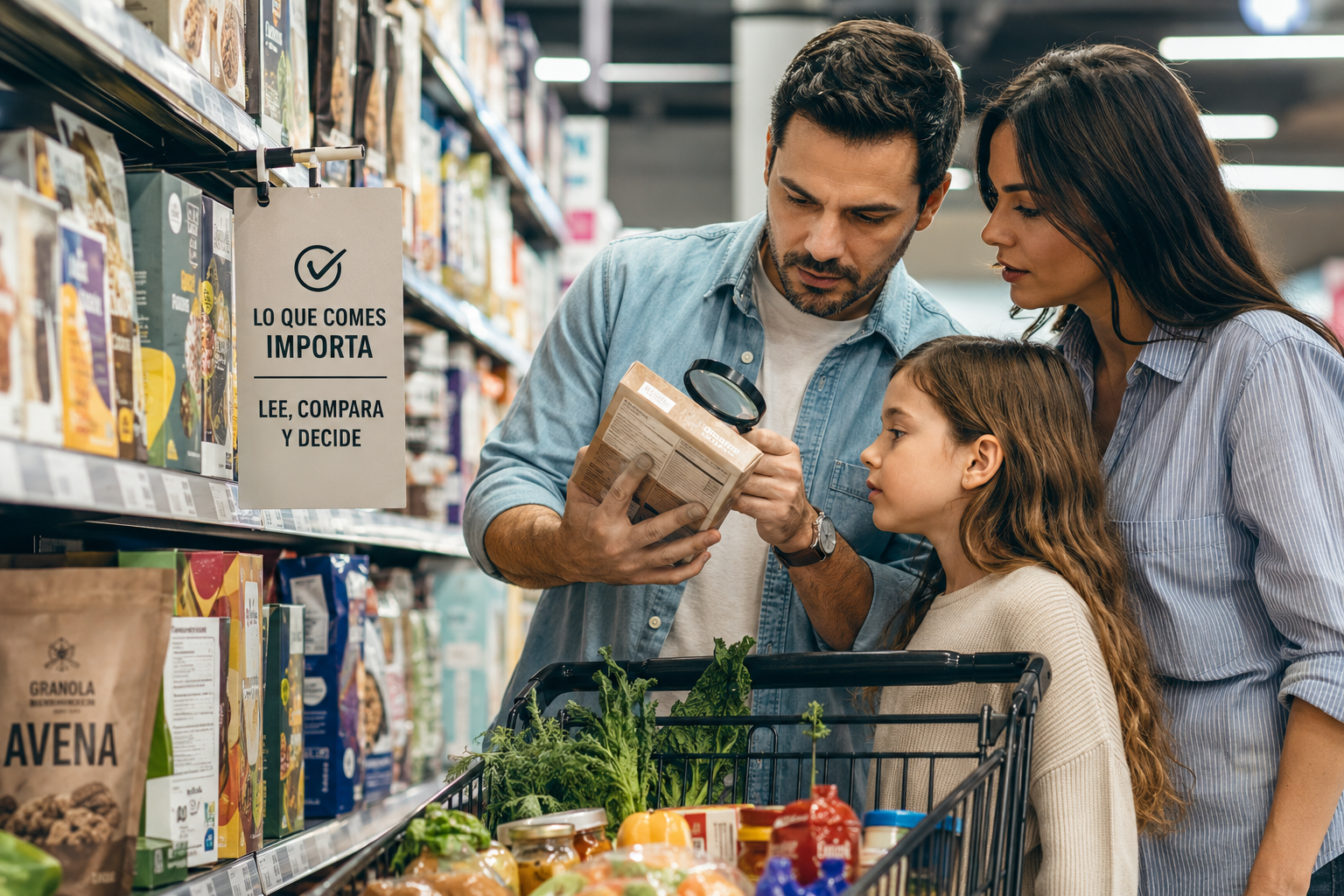 Consumidores en supermercado leyendo cuidadosamente con una lupa los productos que compran. 