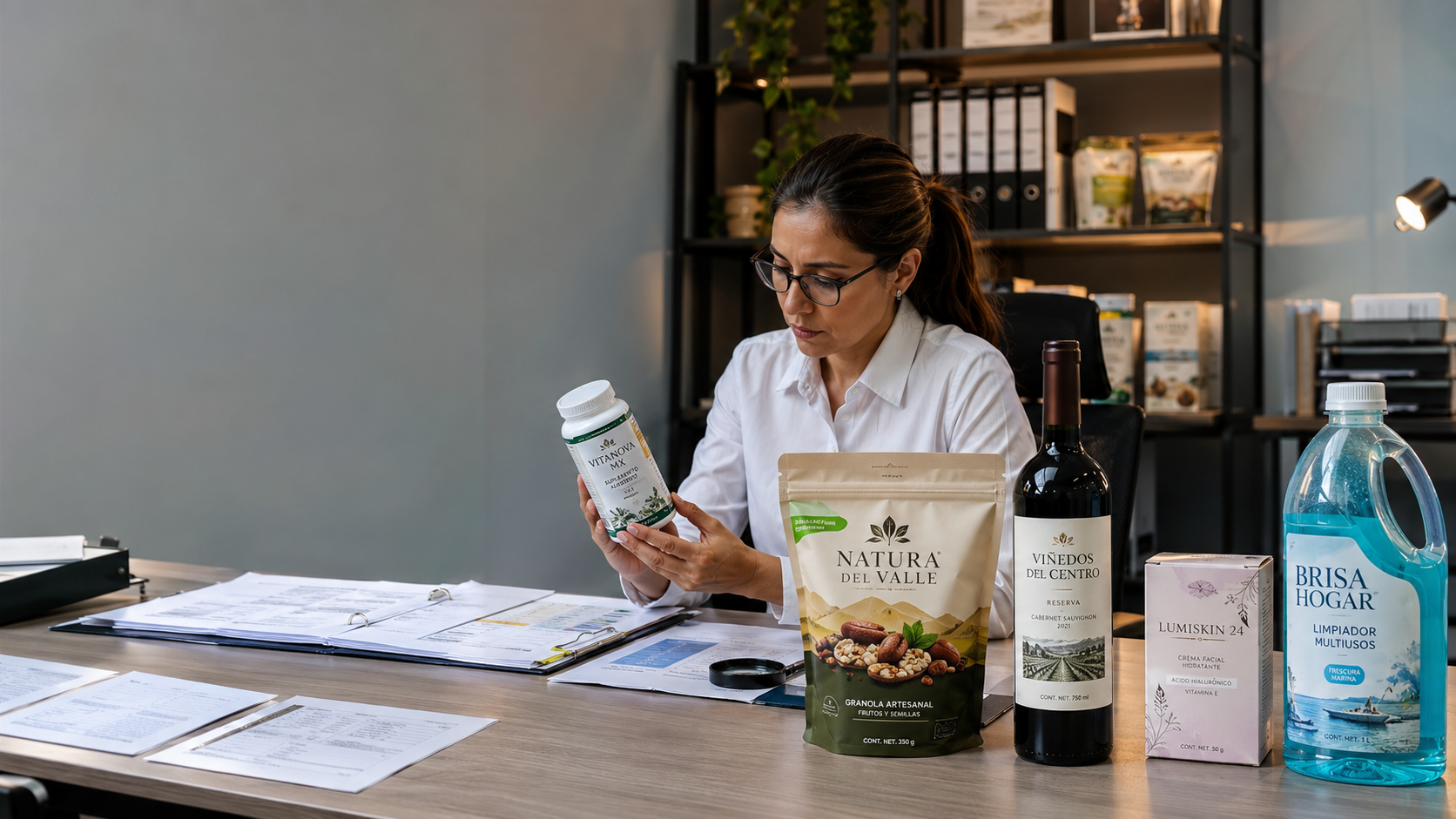 Especialista revisando alimentos, suplementos, cosméticos, vino y productos de aseo durante un proceso de regulación de productos.