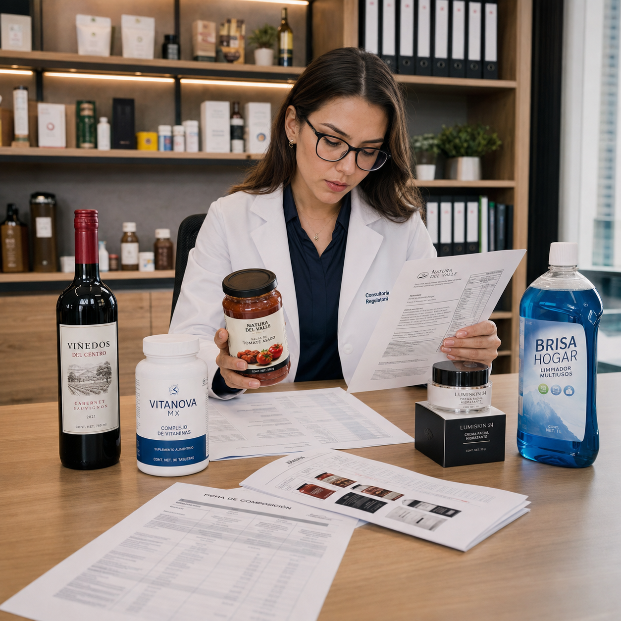 Especialista revisando documentación y productos de distintas categorías para determinar los requisitos de regulación de productos.