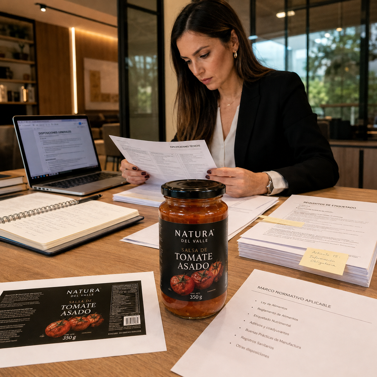 Especialista analiza la etiqueta, especificaciones técnicas y documentación regulatoria de una salsa de tomate.