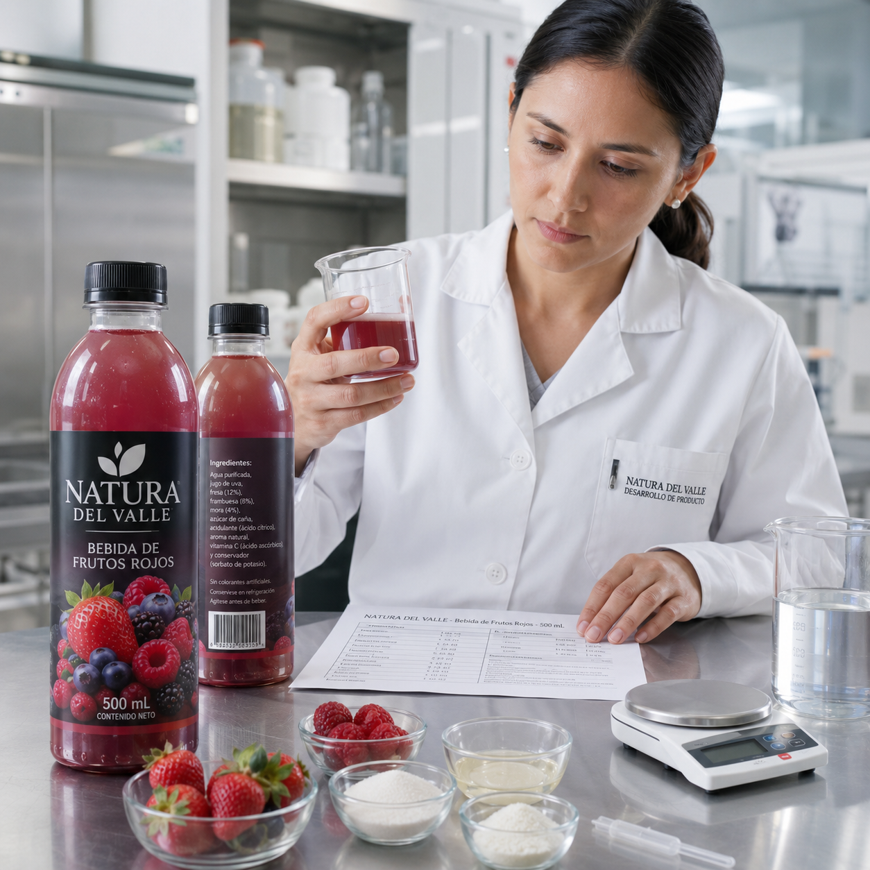 Especialista analiza la formulación, ingredientes y muestra de una bebida de frutos rojos en un laboratorio de desarrollo.