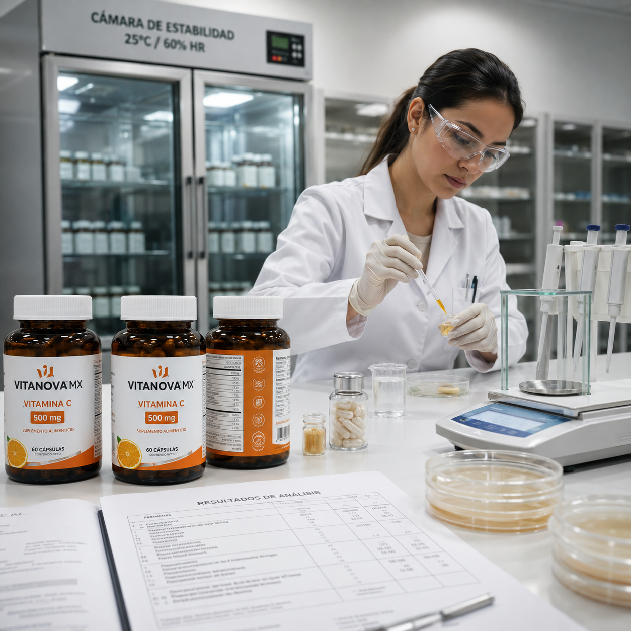 Analista realiza pruebas de laboratorio a un suplemento de vitamina C antes de su comercialización.