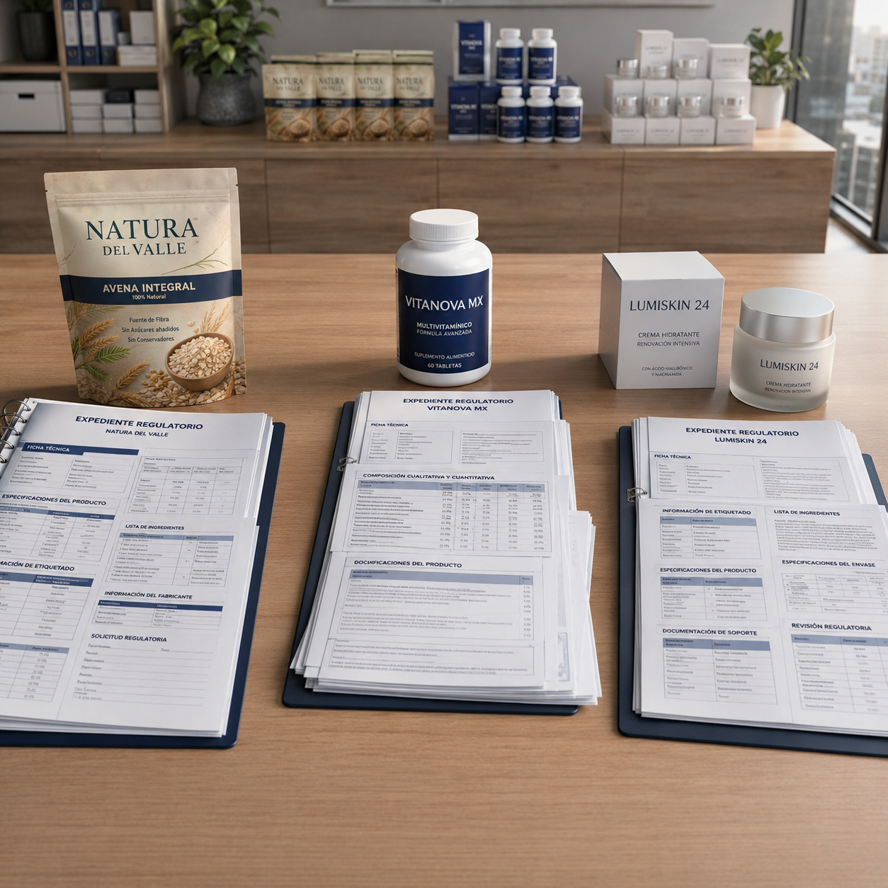 Documentación técnica abierta junto a un alimento, suplemento y cosmético durante la preparación de trámites de regulación de productos.