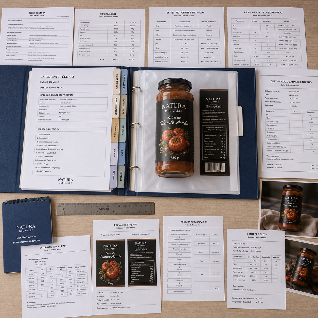 Expediente completo de una salsa de tomate con formulación, análisis de laboratorio, estabilidad, etiquetado y proceso de fabricación.