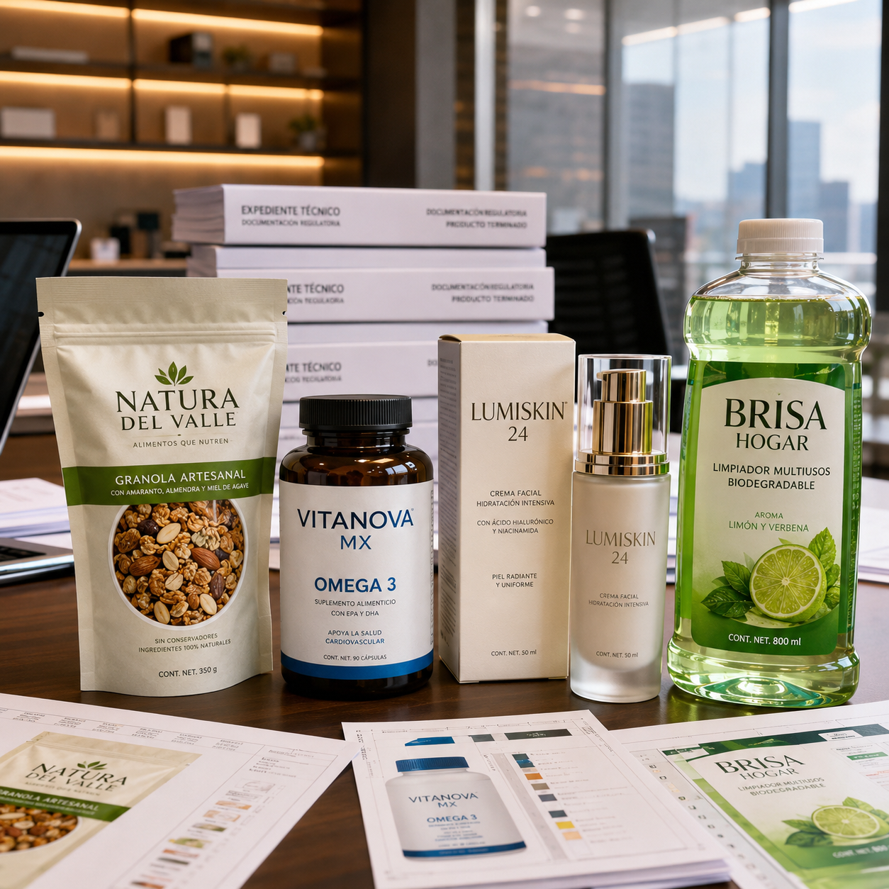 Alimento, suplemento, cosmético y producto de aseo terminados después de completar su revisión técnica y regulación de productos.