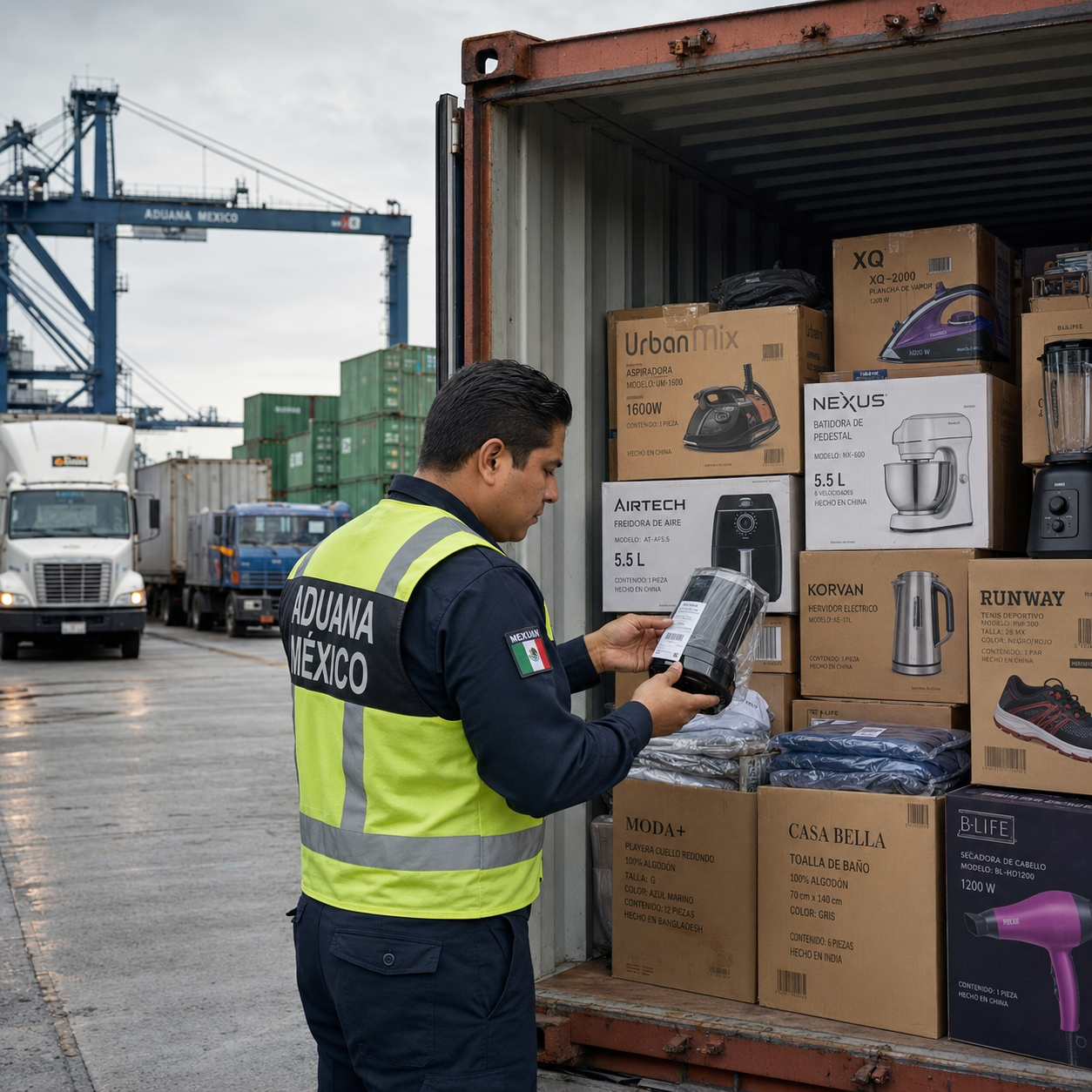 Inspector de Aduana México revisando físicamente el etiquetado de mercancías importadas dentro de un contenedor en una terminal logística.