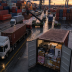 Contenedor marítimo abierto con mercancías importadas en una terminal logística durante una operación de comercio exterior en México.