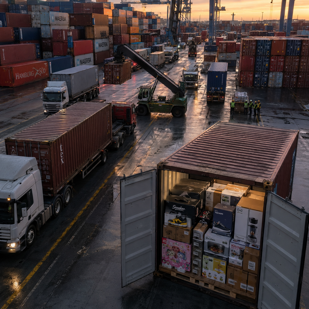 Contenedor marítimo abierto con mercancías importadas en una terminal logística durante una operación de comercio exterior en México.