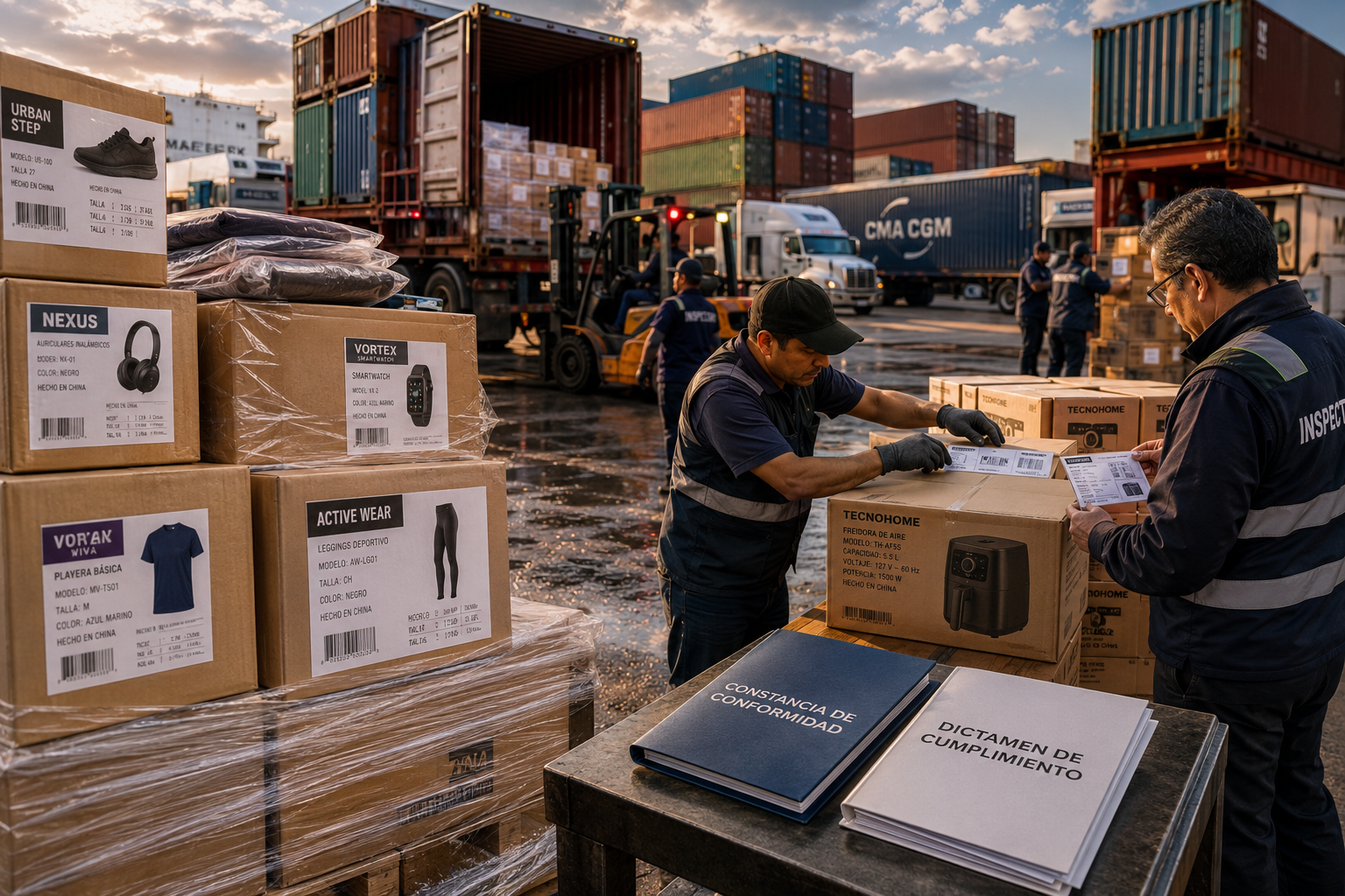 Inspección de mercancías importadas en patio logístico con documentos de constancia de conformidad y dictamen de cumplimiento durante la verificación.