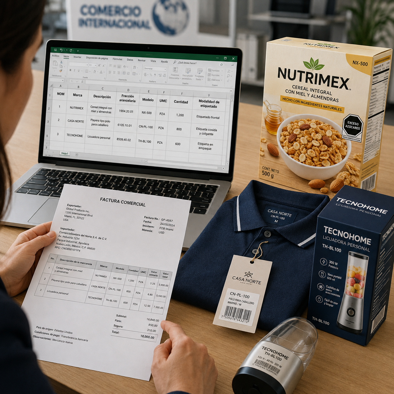Especialista revisando el lay out, factura comercial y datos de productos sujetos a cumplimiento de NOM para importación.