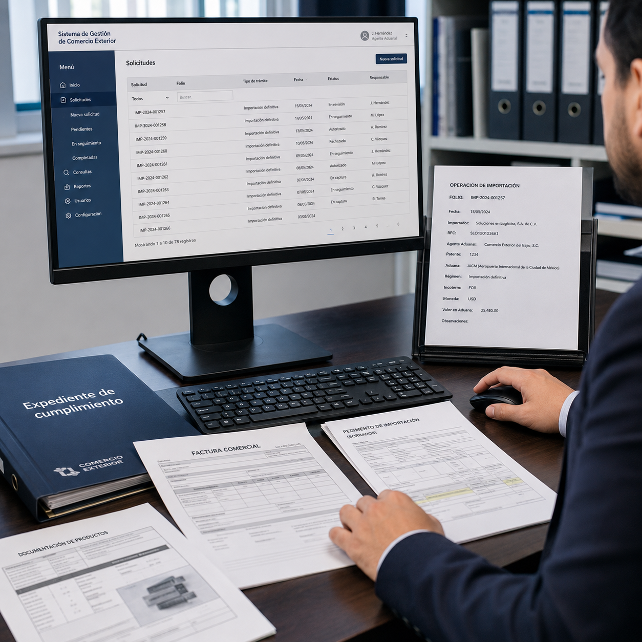 Gestión administrativa de folios y documentación para una operación de importación en una oficina de comercio exterior.
