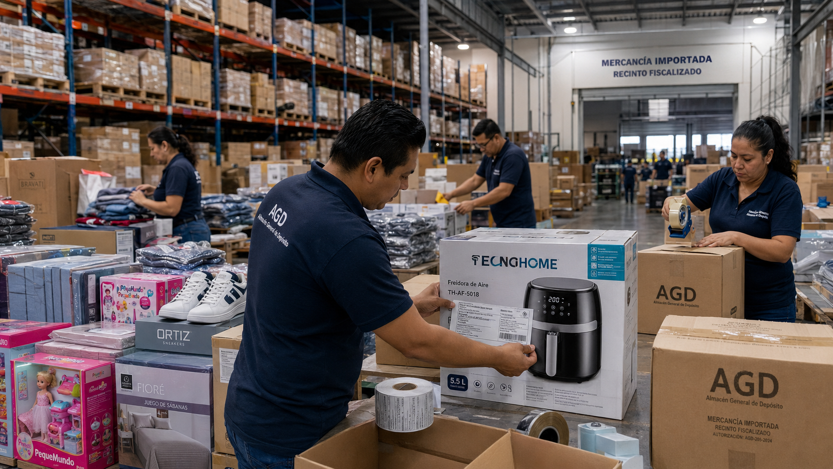 Trabajadores realizando el etiquetado y acondicionamiento de mercancías importadas dentro de un almacén en México.