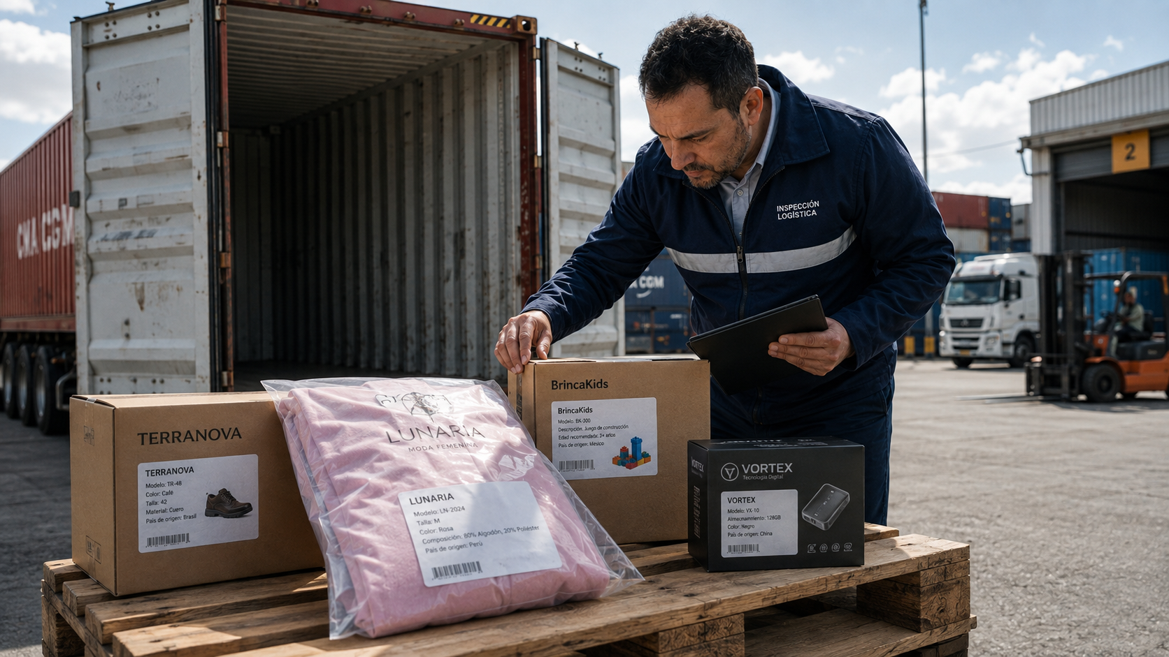 Inspector revisando físicamente etiquetas de mercancías importadas junto a un contenedor marítimo en un patio logístico.
