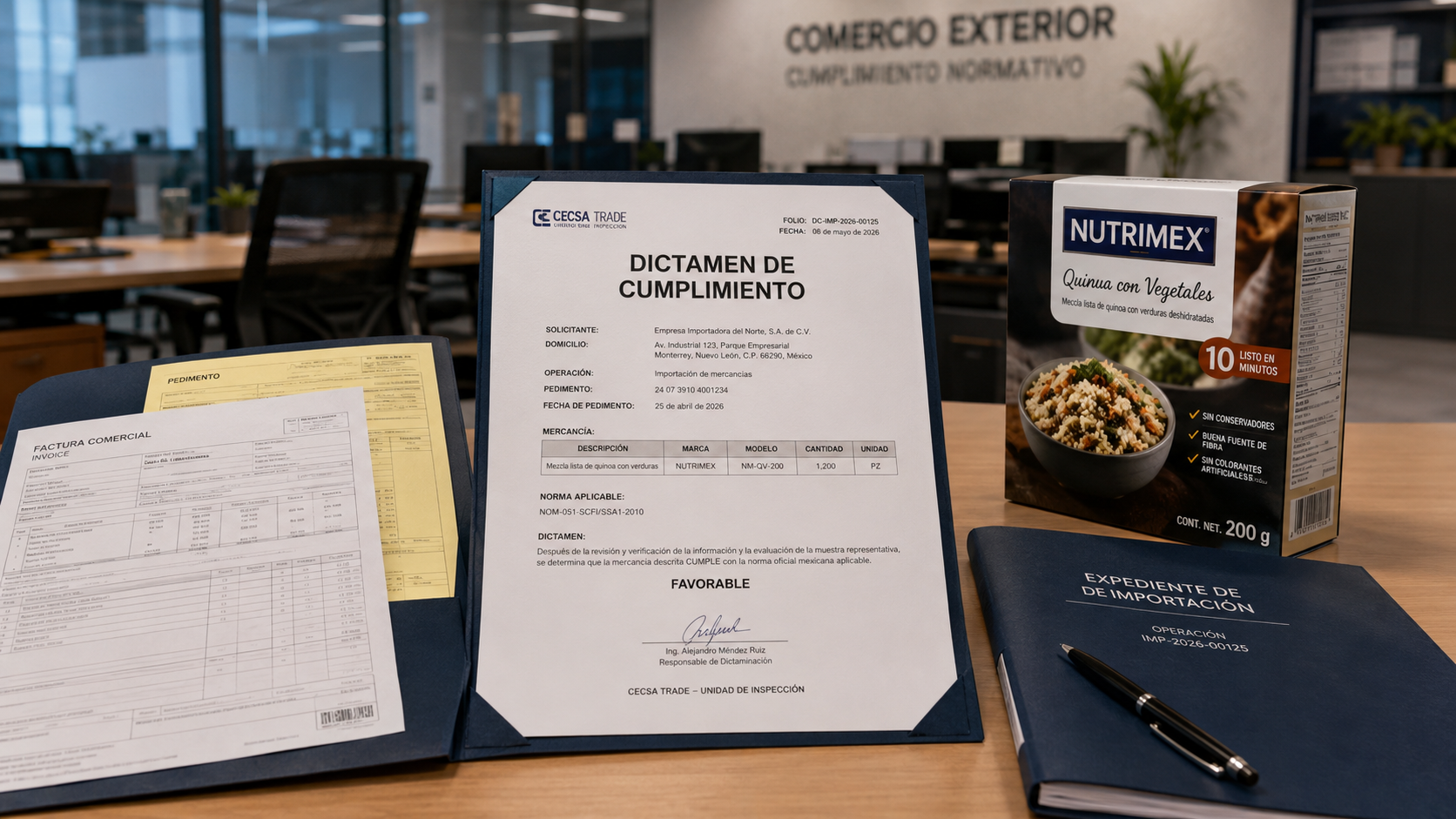 Documento de dictamen de cumplimiento emitido para mercancía importada, acompañado de pedimento, factura comercial y producto alimenticio etiquetado.