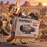 Zorro inventor sosteniendo una caja RAPIDEX con un sistema de propulsión modular, engranes, resortes y piezas mecánicas, en una escena que representa la necesidad de revisar información, funcionalidad y características antes de comprar un producto