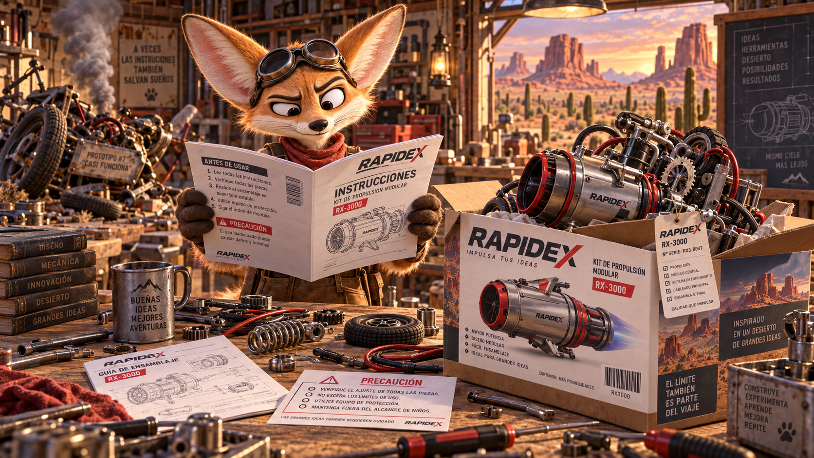Zorro inventor leyendo el manual, las instrucciones de uso y las advertencias de un producto RAPIDEX, con componentes mecánicos y un prototipo averiado al fondo para representar la importancia de revisar información técnica antes de utilizar un producto.