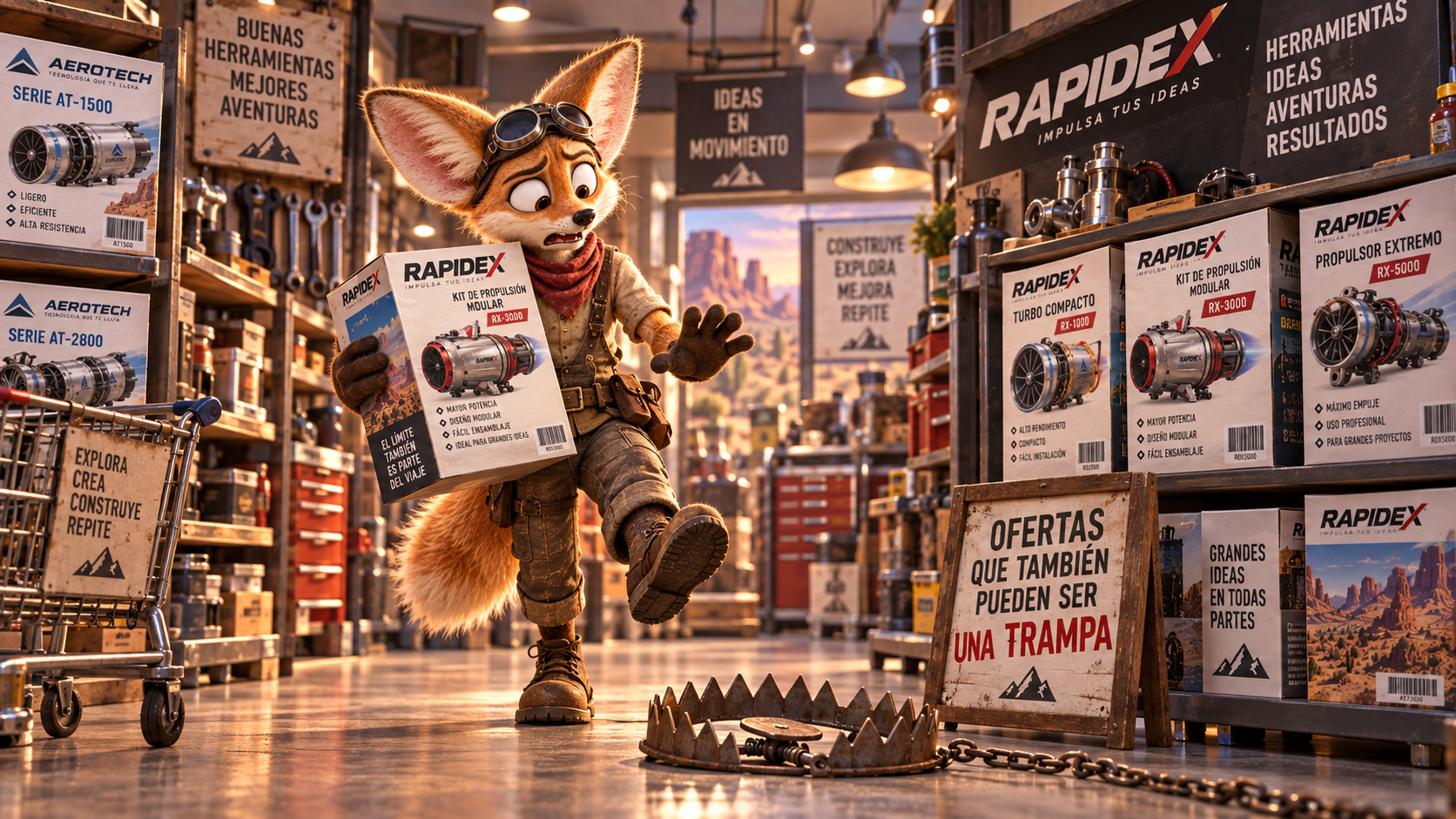 Zorro inventor en una tienda revisando un producto RAPIDEX y deteniéndose antes de pisar una trampa mecánica, como metáfora de los riesgos de comprar sin verificar características, condiciones y promociones.