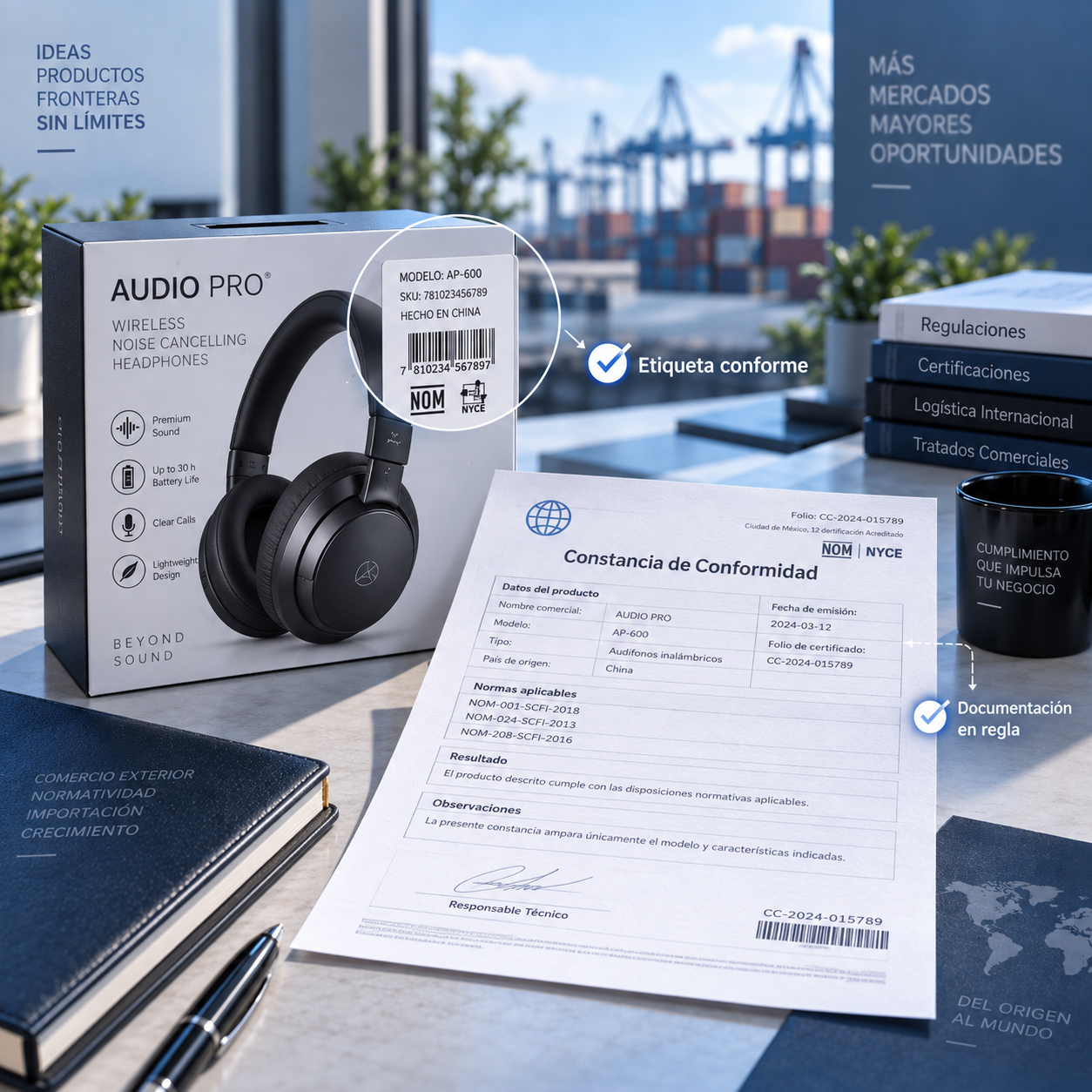 Producto importado con etiqueta revisada y documento de constancia de conformidad para cumplimiento de NOM en México.