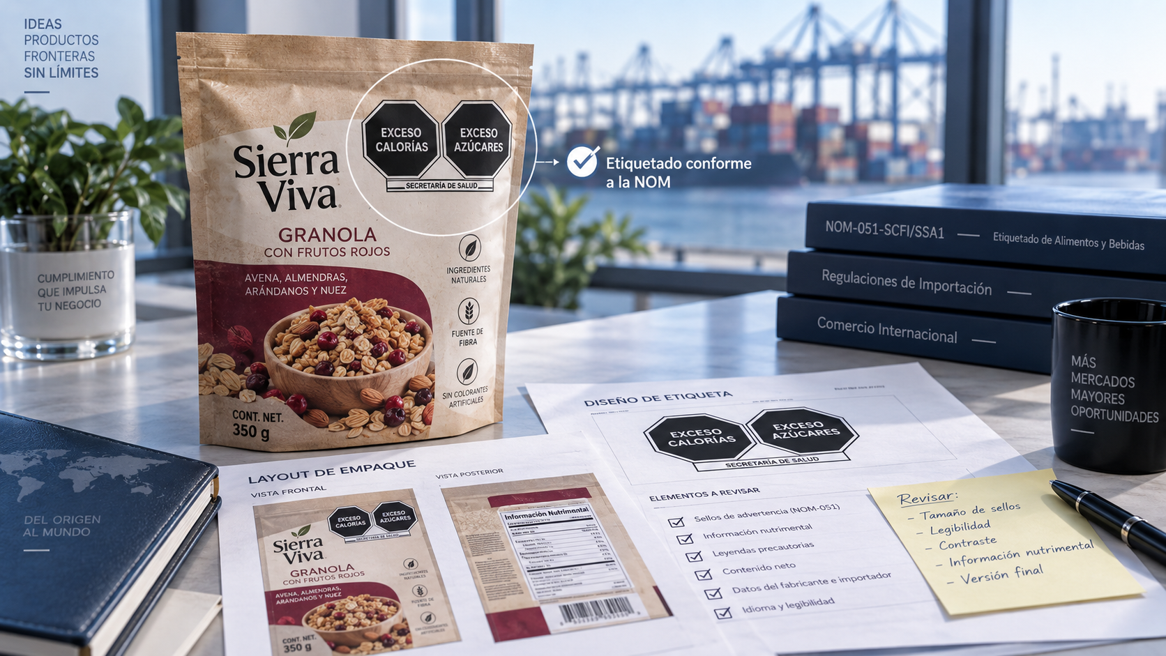 evisión de etiquetado de granola con sellos de advertencia conforme a la NOM-051 antes de su importación a México.
