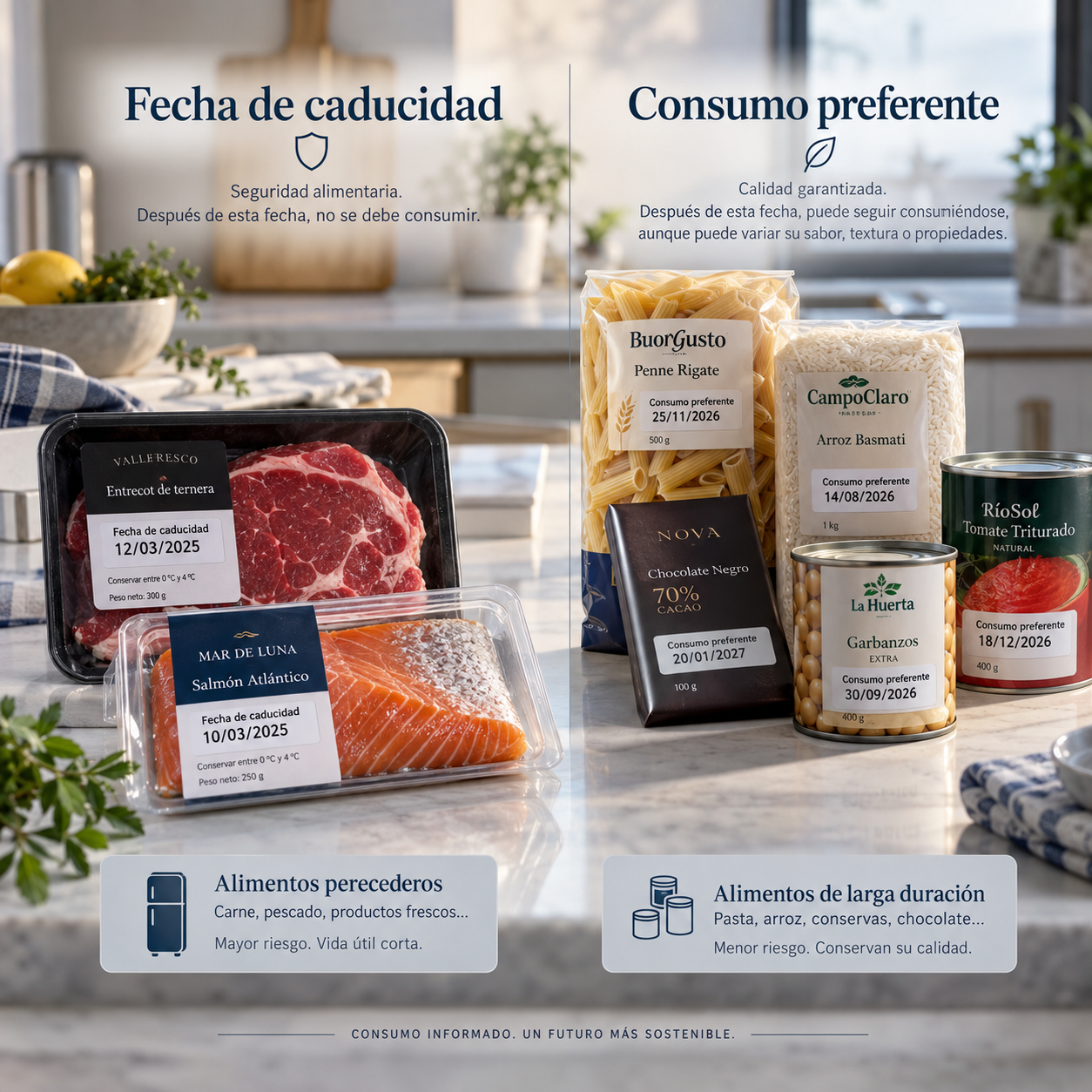 Comparación entre fecha de caducidad y consumo preferente en alimentos perecederos y productos de larga duración.