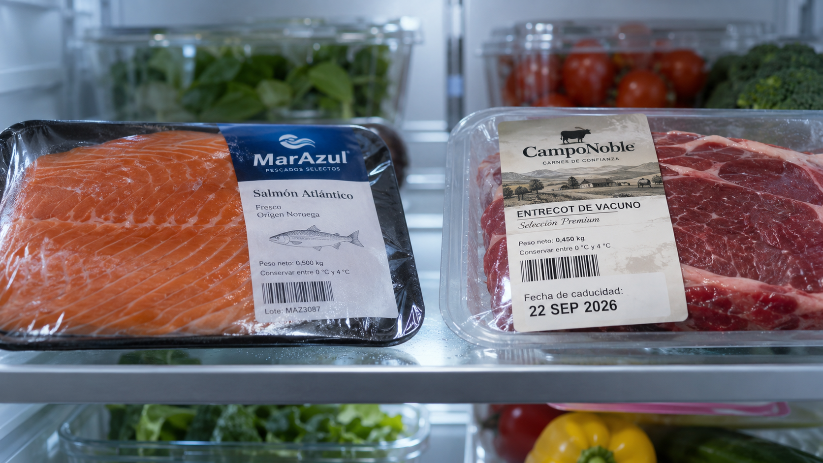 Carne y pescado refrigerados con etiqueta de fecha de caducidad en alimentos perecederos.
